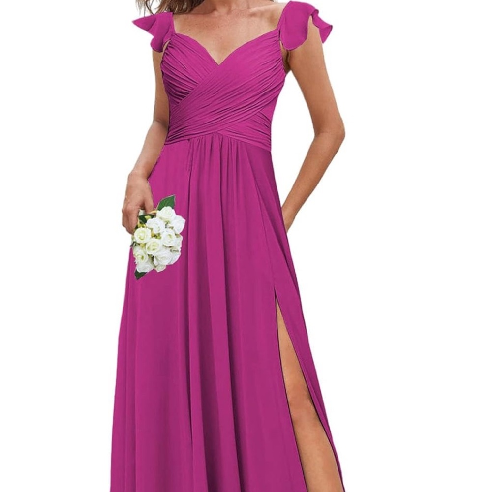 FUCHSIA CHIFFON HIGH SLIT BRIDESMAID/FORMAL RUCHED RUFFLE GOWN